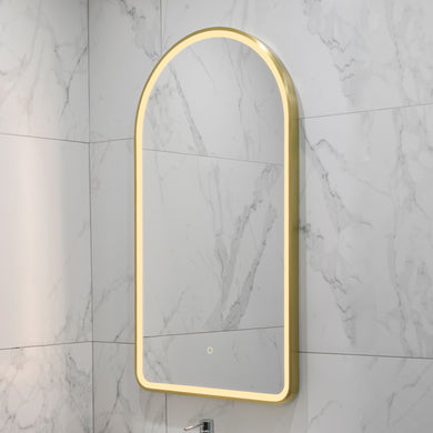 Arco Arch 550mm x 1000mm Frontlit LED Framed Mirror with Demister, Brushed Brass (Gold) Frame