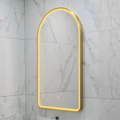 Arco Arch 550mm x 1000mm Frontlit LED Framed Mirror with Demister, Brushed Brass (Gold) Frame
