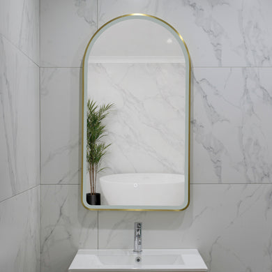 Arco Arch 550mm x 1000mm Frontlit LED Framed Mirror with Demister, Brushed Brass (Gold) Frame