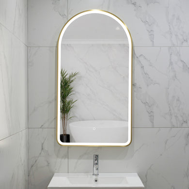 Arco Arch 550mm x 1000mm Frontlit LED Framed Mirror with Demister, Brushed Brass (Gold) Frame