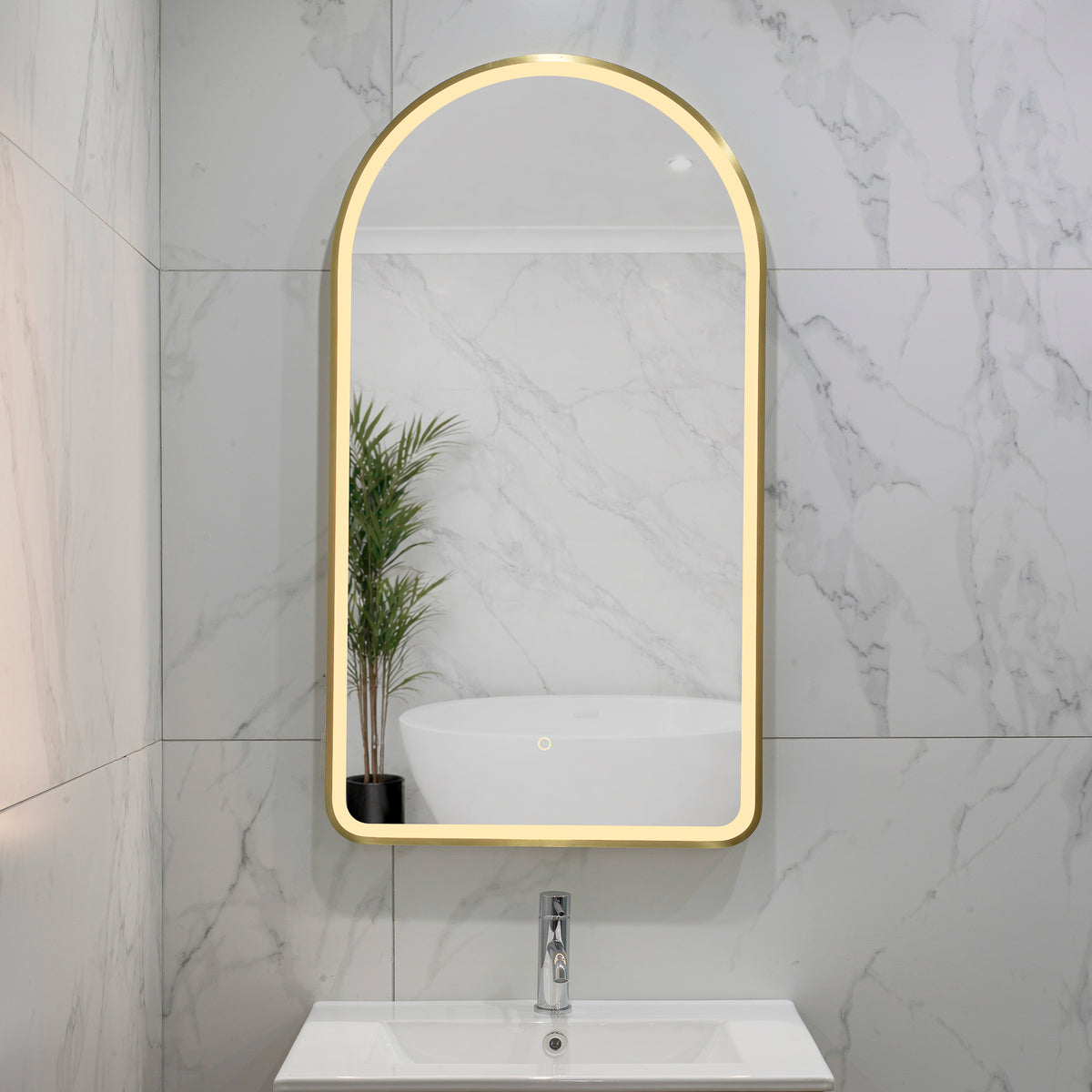 Arco Arch 550mm x 1000mm Frontlit LED Framed Mirror with Demister, Brushed Brass (Gold) Frame