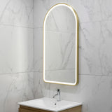 Arco Arch 550mm x 1000mm Frontlit LED Framed Mirror with Demister, Brushed Brass (Gold) Frame