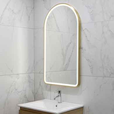 Arco Arch 550mm x 1000mm Frontlit LED Framed Mirror with Demister, Brushed Brass (Gold) Frame