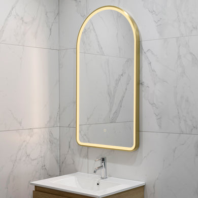 Arco Arch 550mm x 1000mm Frontlit LED Framed Mirror with Demister, Brushed Brass (Gold) Frame