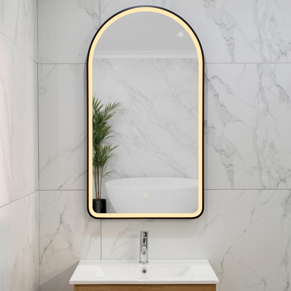 Arco Arch 550mm x 1000mm Frontlit LED Framed Mirror with Demister, Matte Black Frame