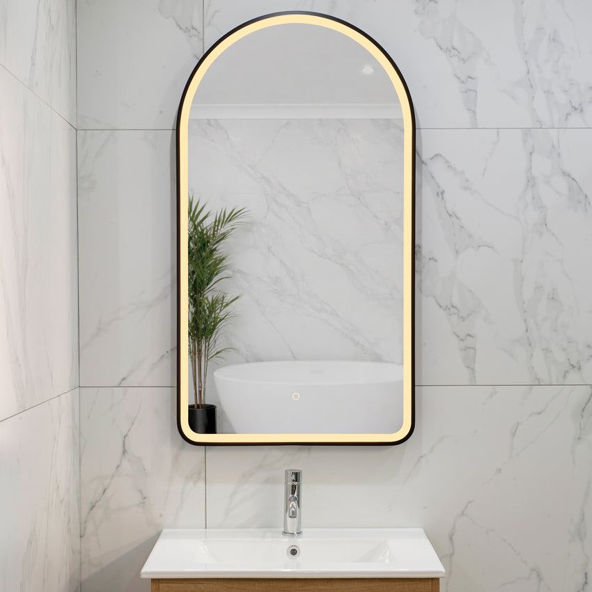 Arco Arch 550mm x 1000mm Frontlit LED Framed Mirror with Demister, Matte Black Frame