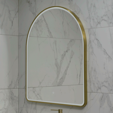 Arco Arch 850mm x 1000mm Frontlit LED Framed Mirror with Demister, Brushed Brass (Gold) Frame