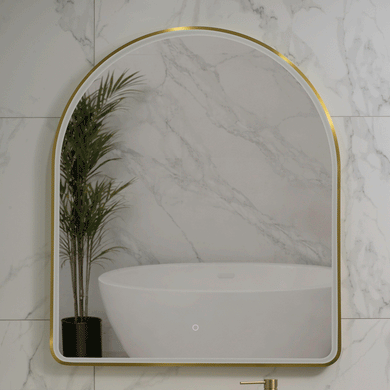 Arco Arch 850mm x 1000mm Frontlit LED Framed Mirror with Demister, Brushed Brass (Gold) Frame