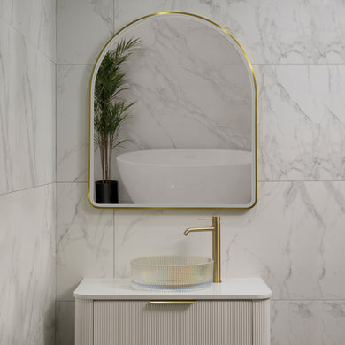 Arco Arch 850mm x 1000mm Frontlit LED Framed Mirror with Demister, Brushed Brass (Gold) Frame