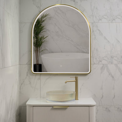 Arco Arch 850mm x 1000mm Frontlit LED Framed Mirror with Demister, Brushed Brass (Gold) Frame