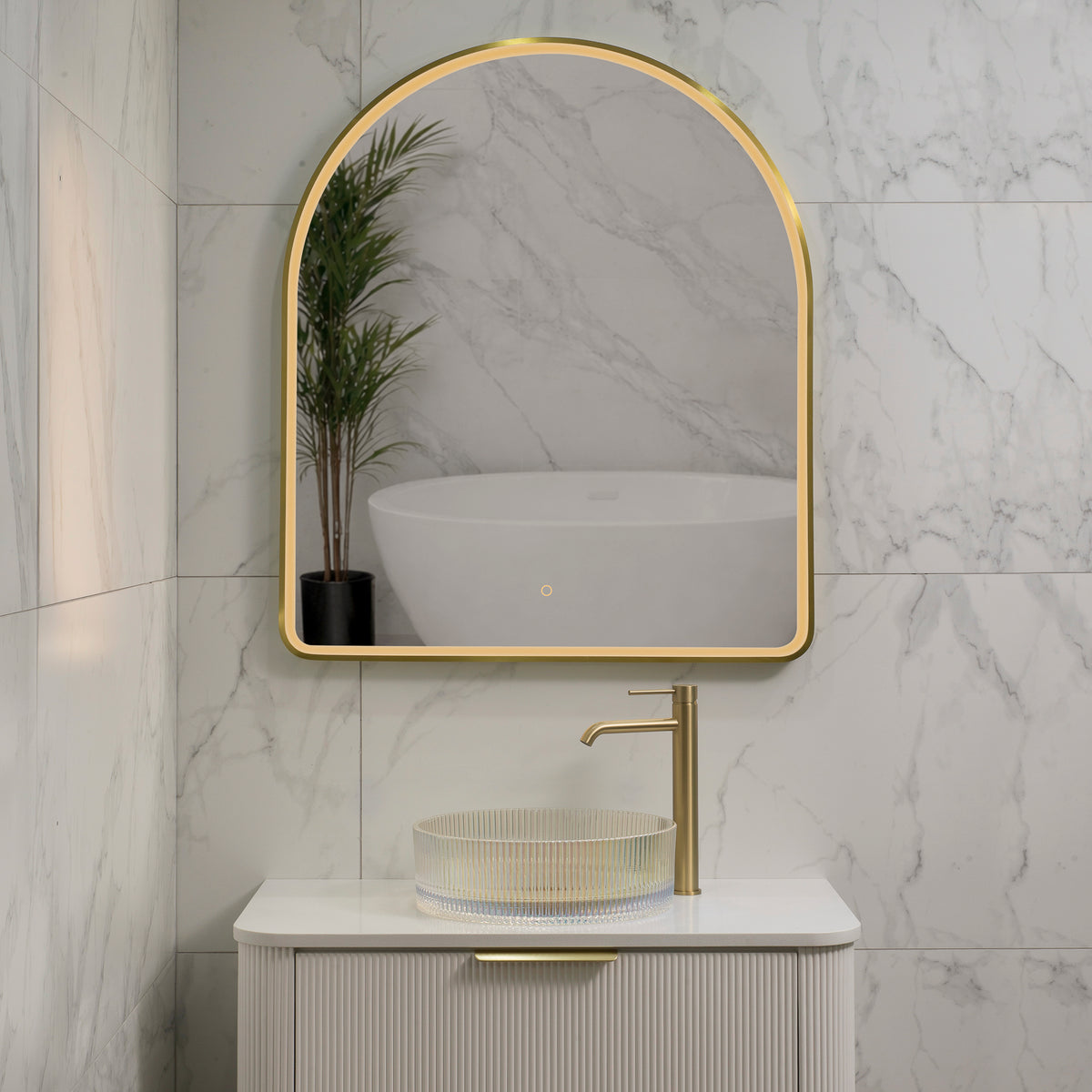 Arco Arch 850mm x 1000mm Frontlit LED Framed Mirror with Demister, Brushed Brass (Gold) Frame