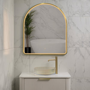 Arco Arch 850mm x 1000mm Frontlit LED Framed Mirror with Demister, Brushed Brass (Gold) Frame