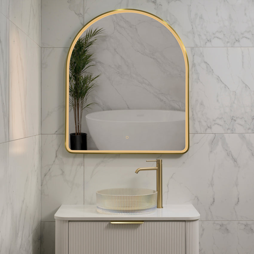 Arco Arch 850mm x 1000mm Frontlit LED Framed Mirror with Demister, Brushed Brass (Gold) Frame