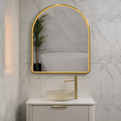 Arco Arch 850mm x 1000mm Frontlit LED Framed Mirror with Demister, Brushed Brass (Gold) Frame