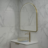 Arco Arch 850mm x 1000mm Frontlit LED Framed Mirror with Demister, Brushed Brass (Gold) Frame