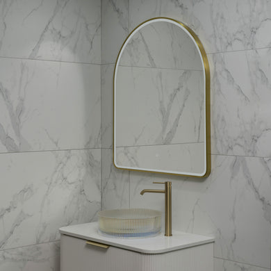 Arco Arch 850mm x 1000mm Frontlit LED Framed Mirror with Demister, Brushed Brass (Gold) Frame