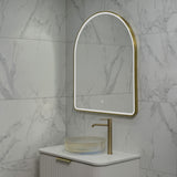 Arco Arch 850mm x 1000mm Frontlit LED Framed Mirror with Demister, Brushed Brass (Gold) Frame