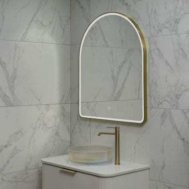 Arco Arch 850mm x 1000mm Frontlit LED Framed Mirror with Demister, Brushed Brass (Gold) Frame