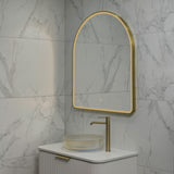 Arco Arch 850mm x 1000mm Frontlit LED Framed Mirror with Demister, Brushed Brass (Gold) Frame