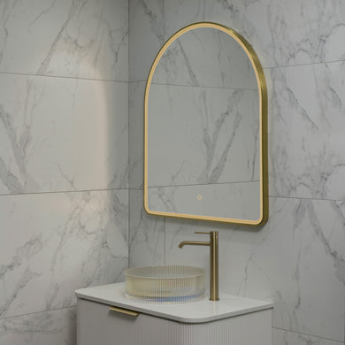 Arco Arch 850mm x 1000mm Frontlit LED Framed Mirror with Demister, Brushed Brass (Gold) Frame