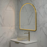Arco Arch 850mm x 1000mm Frontlit LED Framed Mirror with Demister, Brushed Brass (Gold) Frame