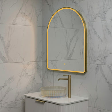 Arco Arch 850mm x 1000mm Frontlit LED Framed Mirror with Demister, Brushed Brass (Gold) Frame