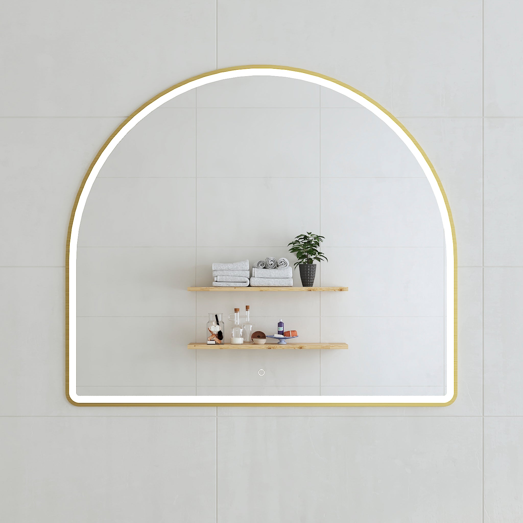 Arco Arch 1150mm x 1000mm Frontlit LED Mirror with Brushed Brass (Gold) Frame and Demister