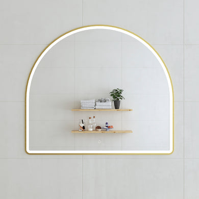 *Clearance* Arco Arch 1150mm x 1000mm Frontlit LED Framed Mirror with Demister, Brushed Brass (Gold) Frame