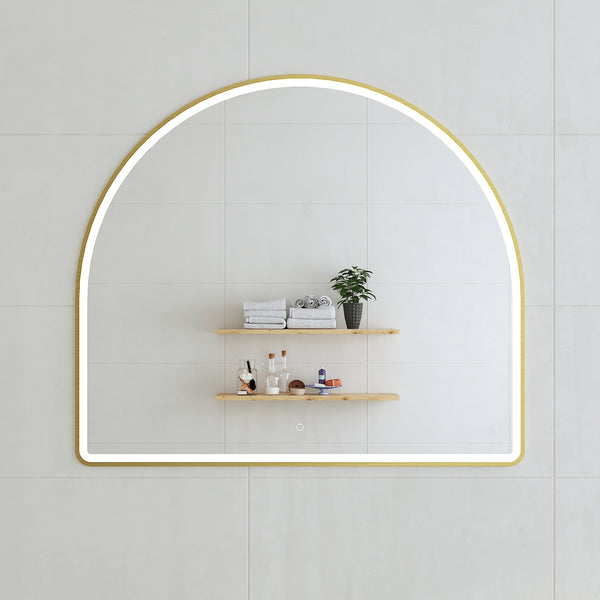 Arco Arch Frontlit LED Mirror with Brushed Brass (Gold) Frame and Demister | 7 sizes available, from 500mm to 1500mm |