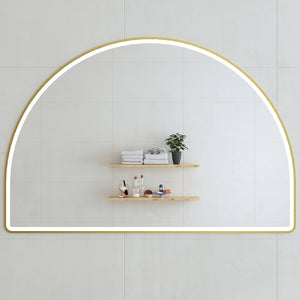 Arco Arch 1500mm x 1000mm Frontlit LED Framed Mirror with Demister, Brushed Brass (Gold) Frame