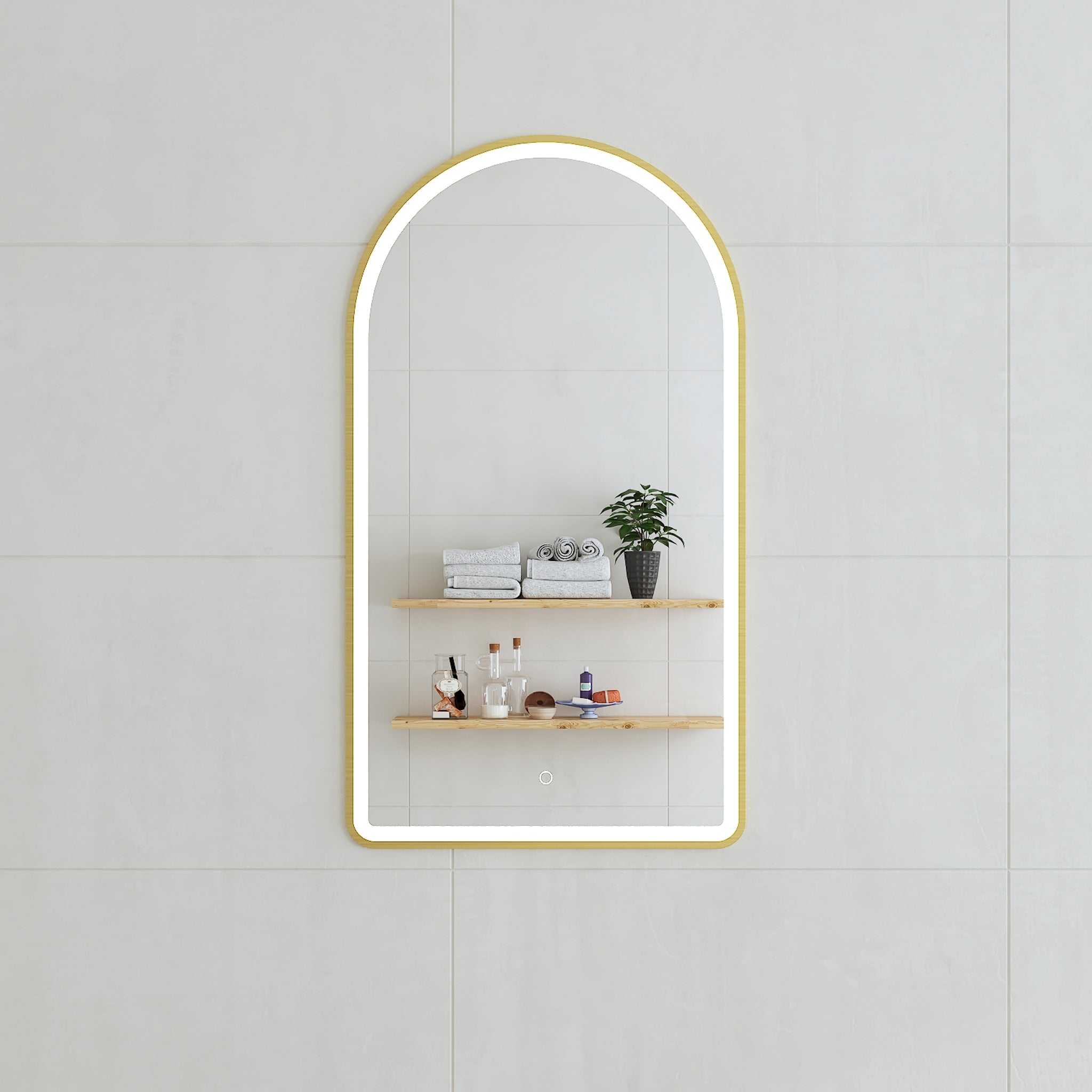 Arco Arch 500mm x 1000mm Frontlit LED Mirror with Brushed Brass (Gold) Frame and Demister