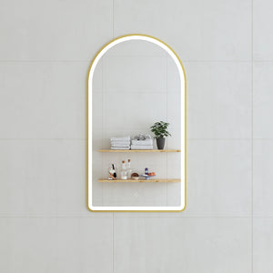 Arco Arch 500mm x 1000mm Frontlit LED Framed Mirror with Demister, Brushed Brass (Gold) Frame