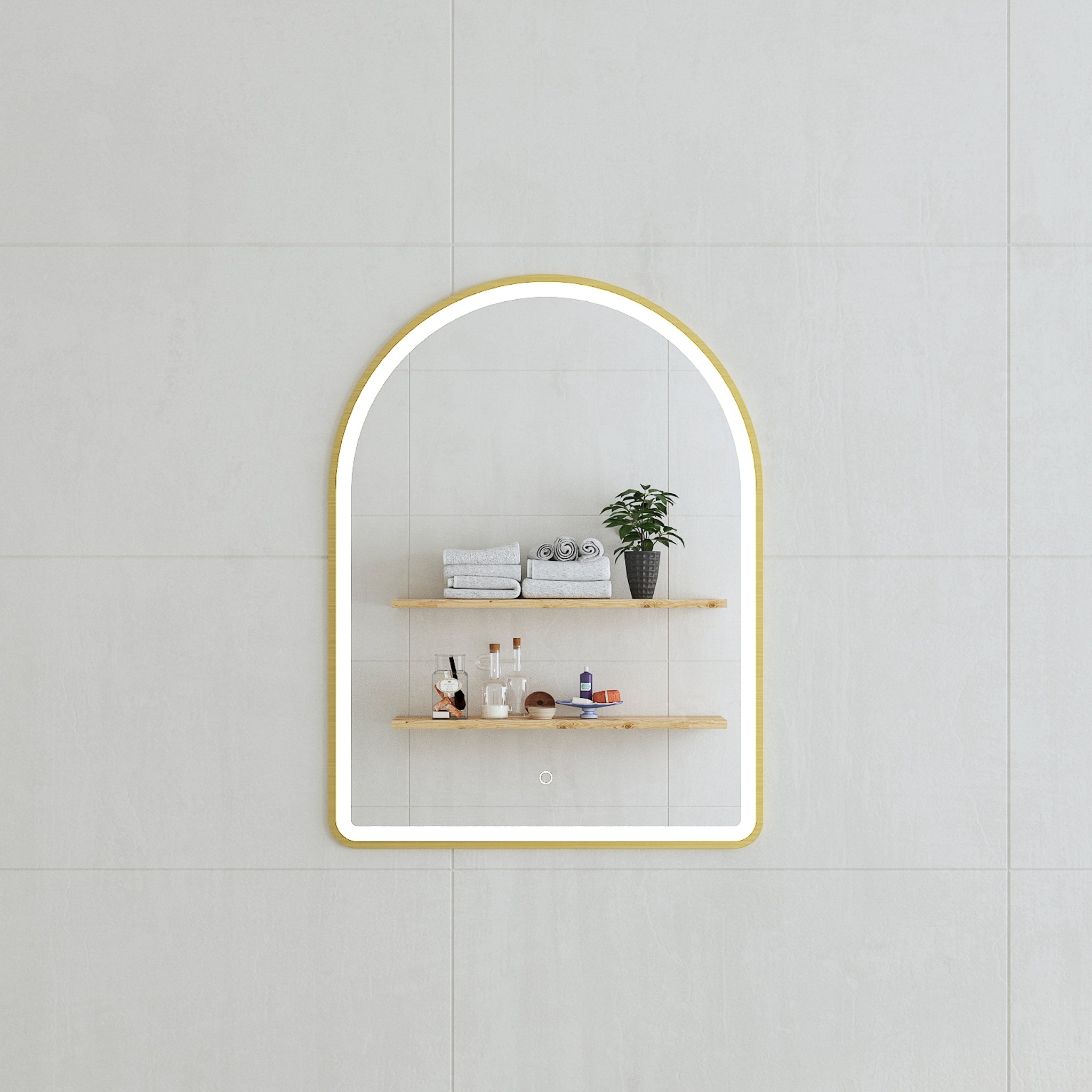 Arco Arch 600mm x 800mm Frontlit LED Mirror with Brushed Brass (Gold) Frame and Demister