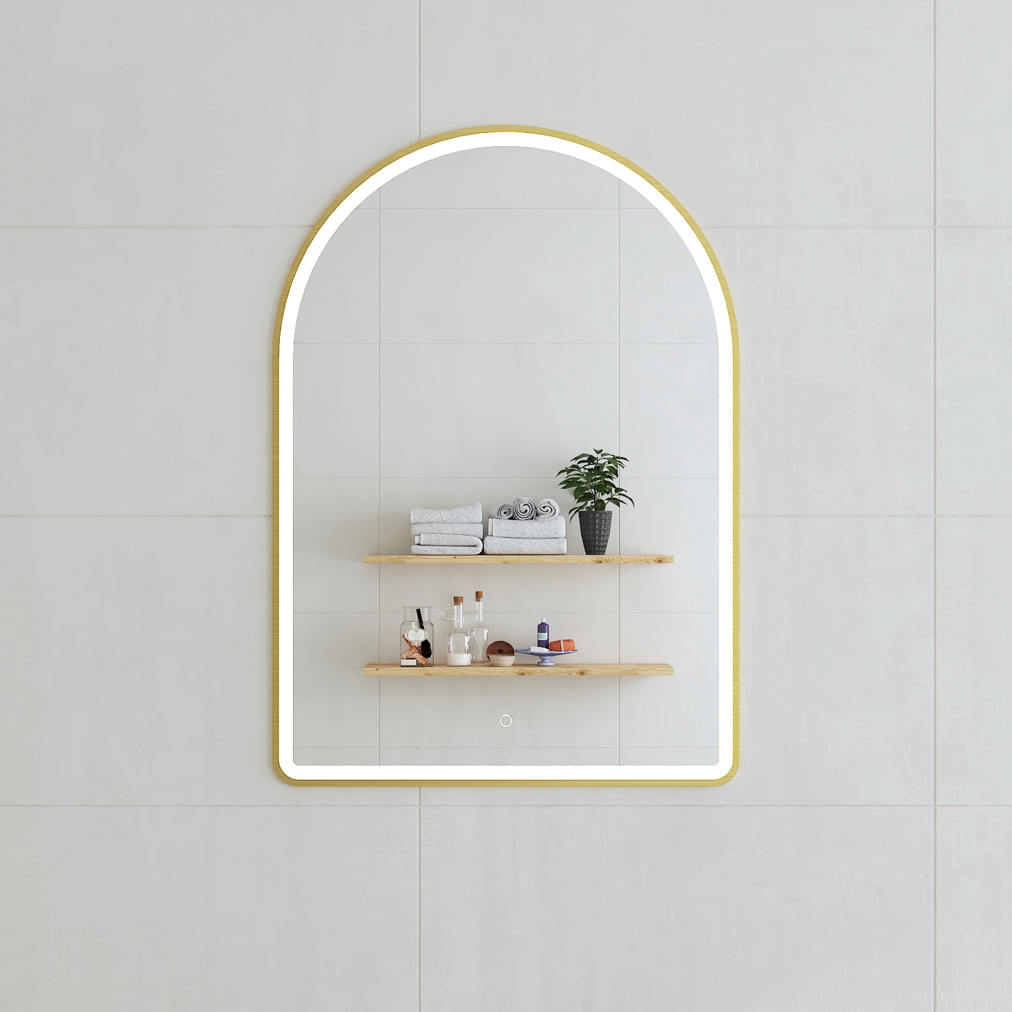 Arco Arch 700mm x 1000mm Frontlit LED Mirror with Brushed Brass (Gold) Frame and Demister