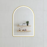 Arco Arch 700mm x 1000mm Frontlit LED Framed Mirror with Demister, Brushed Brass (Gold) Frame