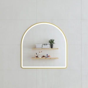 Arco Arch 800mm x 800mm Frontlit LED Framed Mirror with Demister, Brushed Brass (Gold) Frame *Clearance Stock*