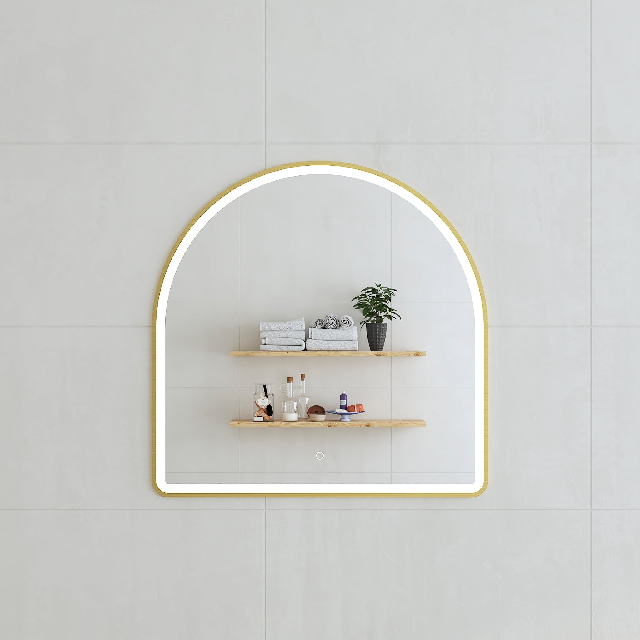 Arco Arch 800mm x 800mm Frontlit LED Mirror with Brushed Brass (Gold) Frame and Demister