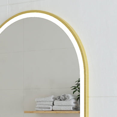 Arco Arch 850mm x 1000mm Frontlit LED Framed Mirror with Demister, Brushed Brass (Gold) Frame