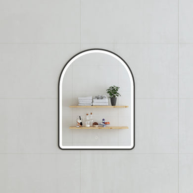 *Clearance* Arco Arch 600mm x 800mm Frontlit LED Framed Mirror with Demister, Brushed Brass (Gold) Frame