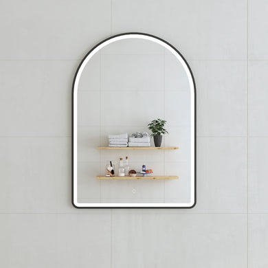 *Clearance* Arco Arch 700mm x 1000mm Frontlit LED Framed Mirror with Demister, Matte Black Frame