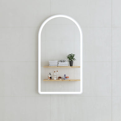 *Clearance* Arco Arch 500mm x 1000mm Frontlit LED Framed Mirror with Demister, Matte White Frame