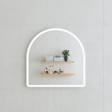 *Clearance* Arco Arch 800mm x 800mm Frontlit LED Framed Mirror with Demister, Matte White Frame