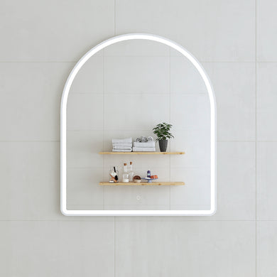 *Clearance* Arco Arch 850mm x 1000mm Frontlit LED Framed Mirror with Demister, Matte White Frame