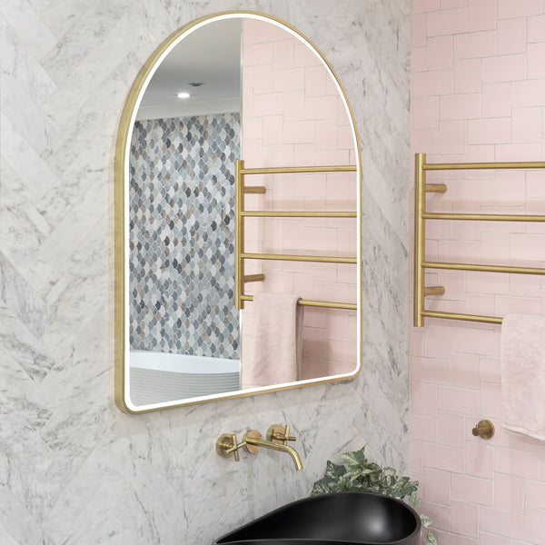 Arco Arch 600mm x 800mm Frontlit LED Mirror with Brushed Brass (Gold) Frame and Demister