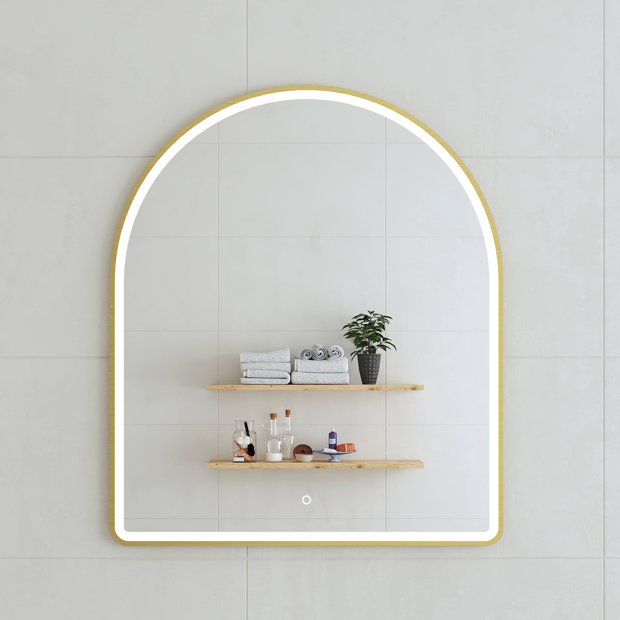 Arco Arch 850mm x 1000mm Frontlit LED Mirror with Brushed Brass (Gold) Frame and Demister