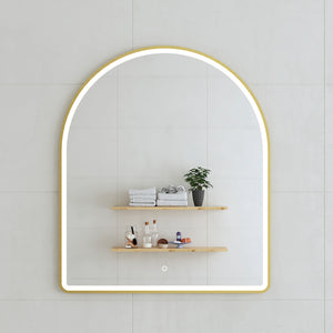 Arco Arch 850mm x 1000mm Frontlit LED Framed Mirror with Demister, Brushed Brass (Gold) Frame