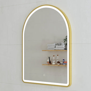 Arco Arch 700mm x 1000mm Frontlit LED Framed Mirror with Demister, Brushed Brass (Gold) Frame