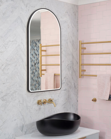 *Clearance* Arco Arch 600mm x 800mm Frontlit LED Framed Mirror with Demister, Brushed Brass (Gold) Frame