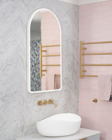 *Clearance* Arco Arch 850mm x 1000mm Frontlit LED Framed Mirror with Demister, Matte White Frame