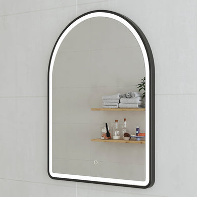 *Clearance* Arco Arch 700mm x 1000mm Frontlit LED Framed Mirror with Demister, Matte Black Frame